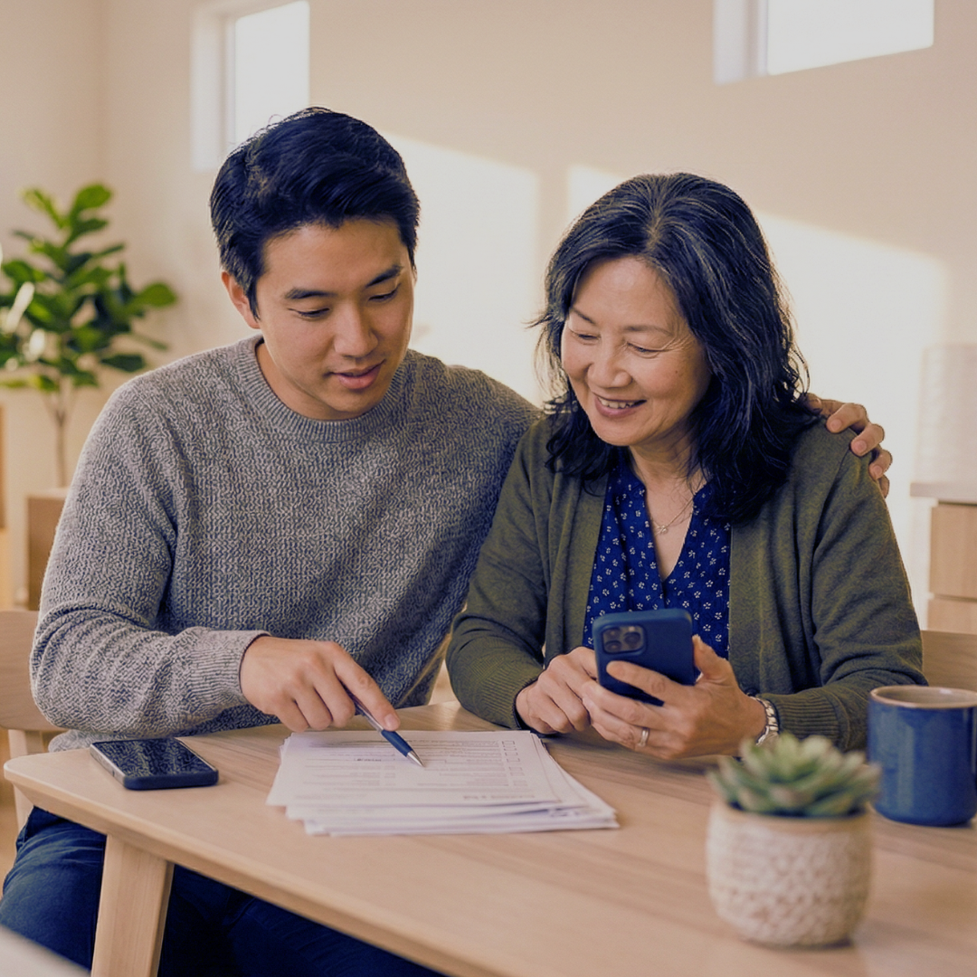 son helping mother with real estate documents